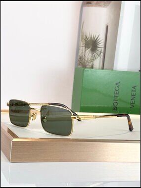 Bottega Veneta Gold Rectangular Green Lens Sunnies